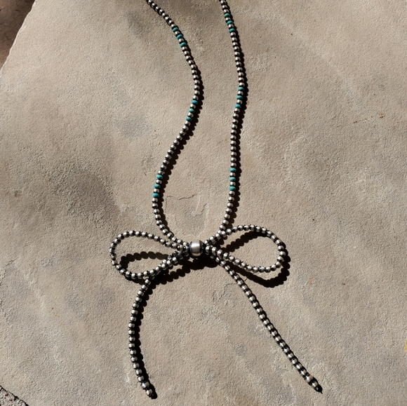 Sterling Silver Navajo Pearl Turquoise Bow Necklace - Picture 4 of 6